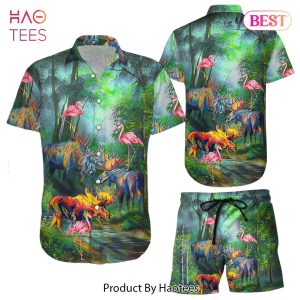 Animal Hawaiian Shirt Moose And Flamingo Colorful Hawaii Shirt Birthday Gifts For Animal Lovers