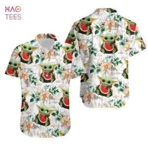 Baby Yoda Hugging Watermelons Seamless Tropical Colorful Flowers On White Hawaiian Shirt