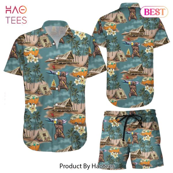 Bear Hawaiian Shirt Bear Drinking Camping Button Down Shirts Gift For Summer Camp