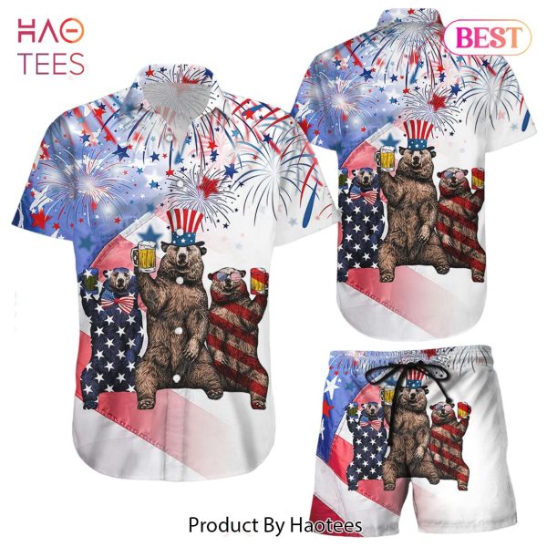 Bear In Hawaiian Shirt Bear With Firework 4th Of July Independence Day Hawaii Shirt Happy 4Th Of July Gift