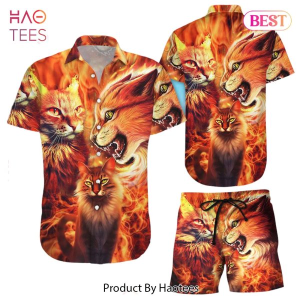 Cat Themed Hawaiian Shirt Angry Cat Fire Button Down Shirts Unique Gift For Cat Lovers