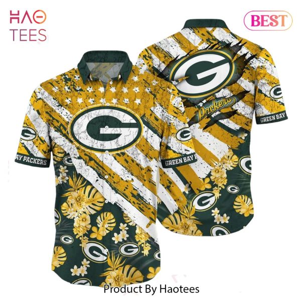 Green Bay Packers Nfl Hawaiian Shirt Floral Print American Flag Beach Shirt Short Style Summer