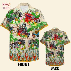 Skull Hot Rod & Palm Tree Pattern Hawaiian Shirt