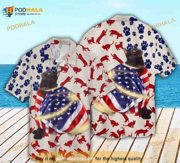 4th Of July Independence Day Cat Black 3D Hawaiian Shirt