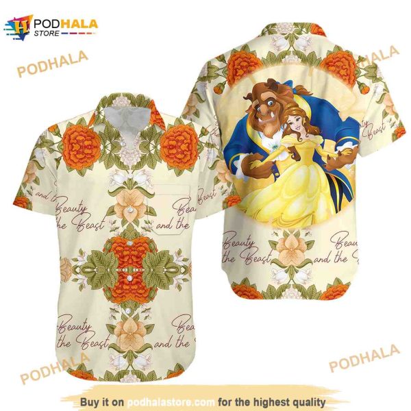 Beauty And The Beast Yellow Red Floral Disney Hawaiian Shirt