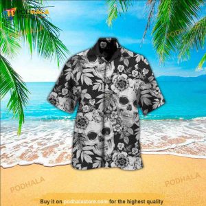 Black And White Floral Skull Hawaiian Shirt