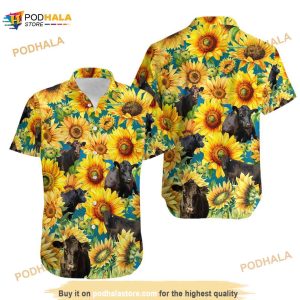 Black Angus Cattle Lovers Sunflower Hawaiian Shirt