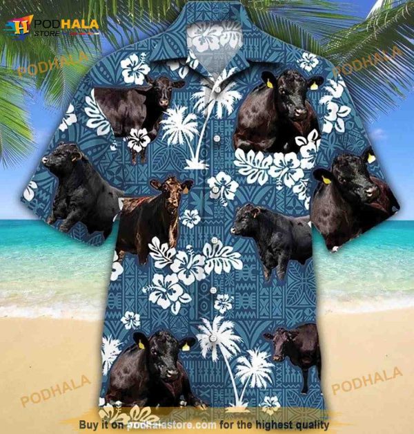 Black Angus Cow Hibiscus Unisex Hawaiian Shirt