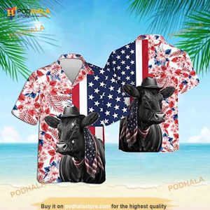 Black Angus Cow Lovers American Flag Hawaiian Shirt