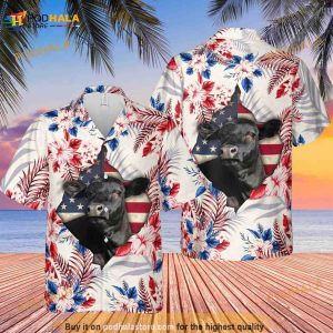 Black Angus Face Hibiscus Flower American Flag Hawaiian Shirt