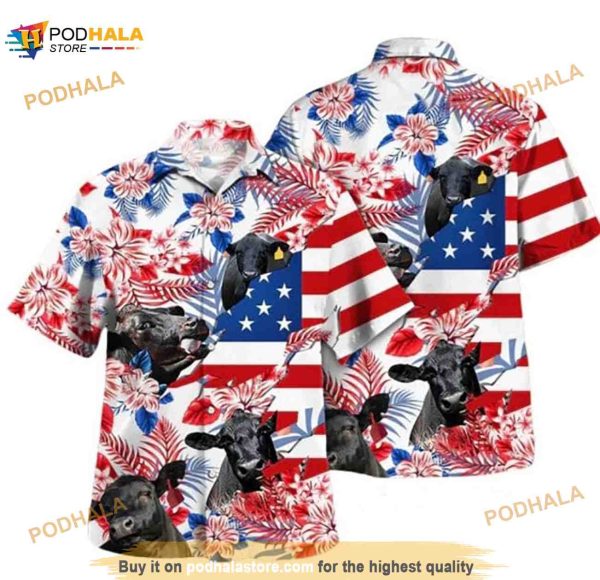 Black Angus In American Flag Pattern Tropical Flower Hawaiian Shirt