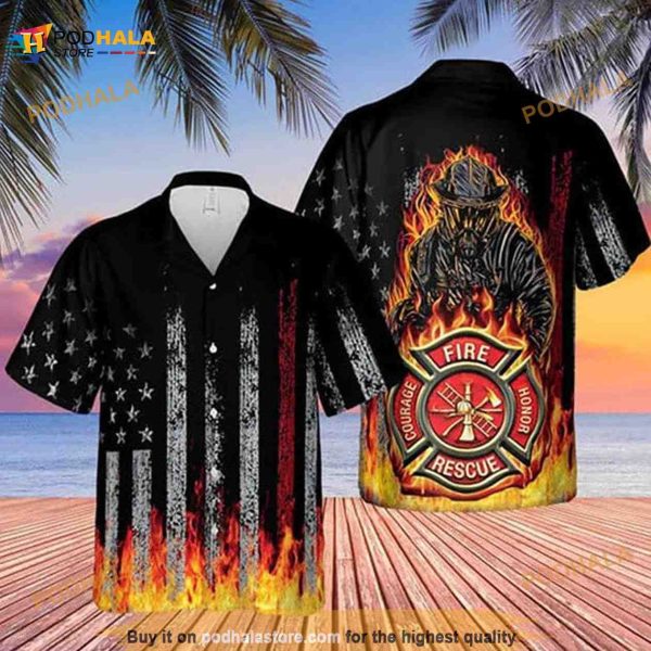 Black Flag American Firefighter Bagde Fired Hawaiian Shirt