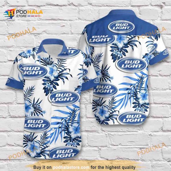 Bud Light Hawaiian Shirt Blue Tropical Flowers