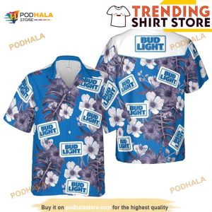 Bud Light Hawaiian Shirt Grey Flora On Blue Theme