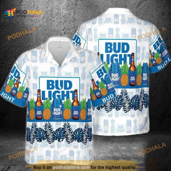 Bud Light Hawaiian Shirt Pineapple Blue Leaves For Beer Fans