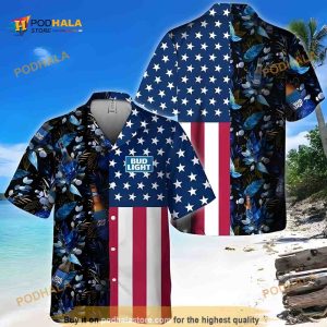 Bud Light Hawaiian Shirt US Flag Tropical Flowers