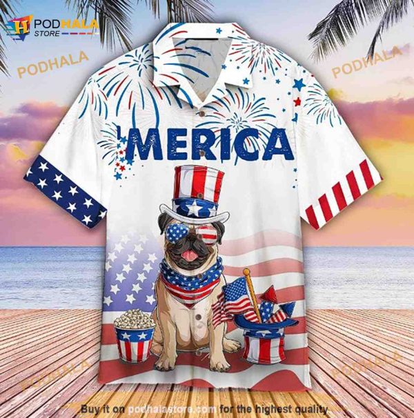 Bulldog American Flag 4th Of July Firework Hawaiian Shirt