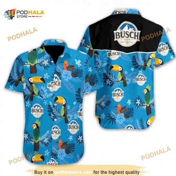 Busch Light Hawaiian Shirt Bird And Tropical Flower Pattern