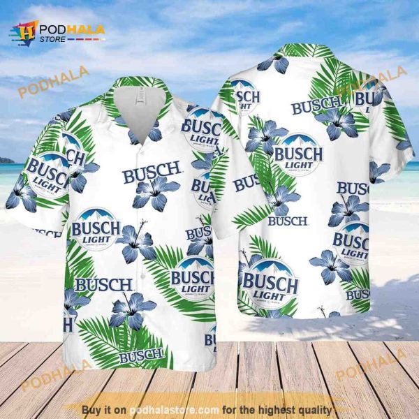 Busch Light Hawaiian Shirt Hibiscus Flower Pattern