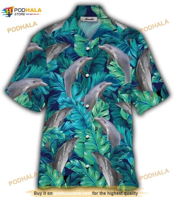 Dolphin Tropical Leaves Pattern Funny Hawaiian Shirt