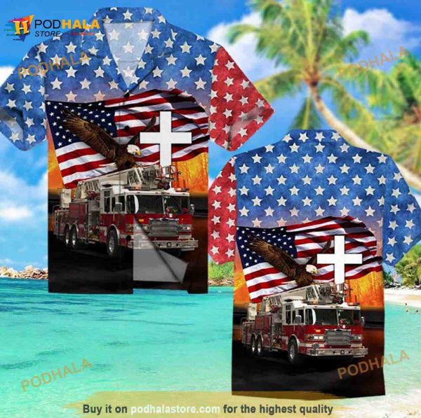 Fire Truck Flag America Eagle Hawaiian Shirt