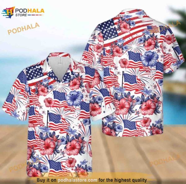 Flower American Flag Gift For 4th Of July Aloha Hawaiian Shirt