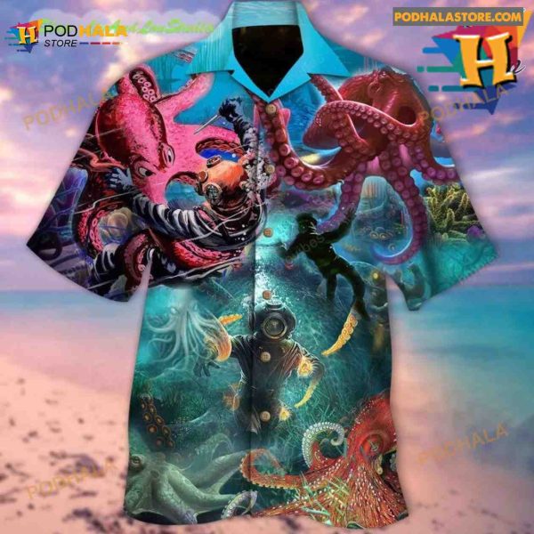 Giant Octopus And Diver Hawaiian Shirt