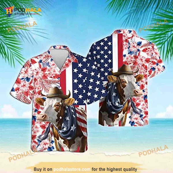 Hereford American Flag Funny Hawaiian Shirt