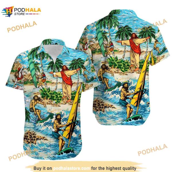 Jesus Surfing Summer Tropical Aloha Funny Hawaiian Shirt