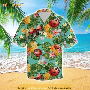 Ladybug Tropical Pineapple And Flower Hawaiian Unisex Shirt