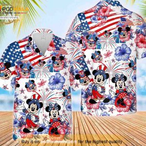 Mickey Minnie Mouse Fireworks Hibiscus Patriot July 4th Hawaiian Shirt