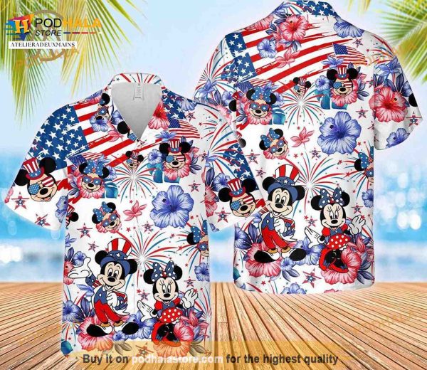 Mickey Minnie Mouse Fireworks Hibiscus Patriot July 4th Hawaiian Shirt