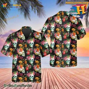 Orange Floral Skull Hawaiian Shirt