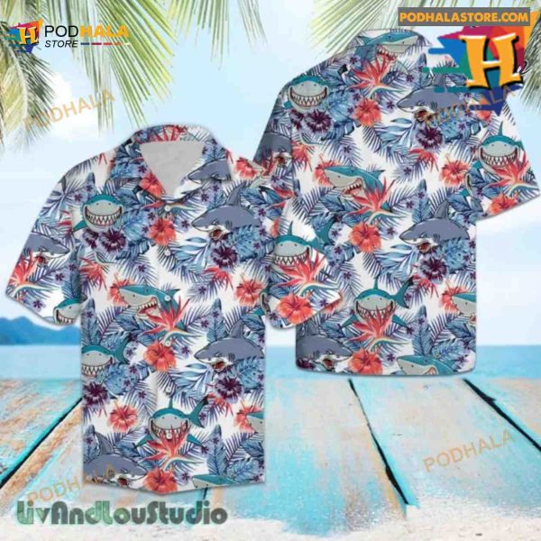 Shark Hibiscus Flower Hawaiian Shirt