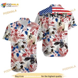 Tropical Floral Brahman Cow American Flag Hawaiian Shirt