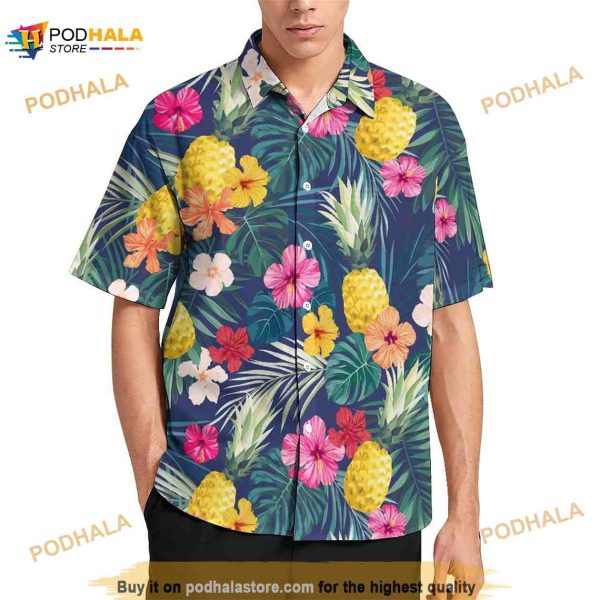 Tropical Pineapple Hibicus Floral Prints Summer Hawaiian Shirt