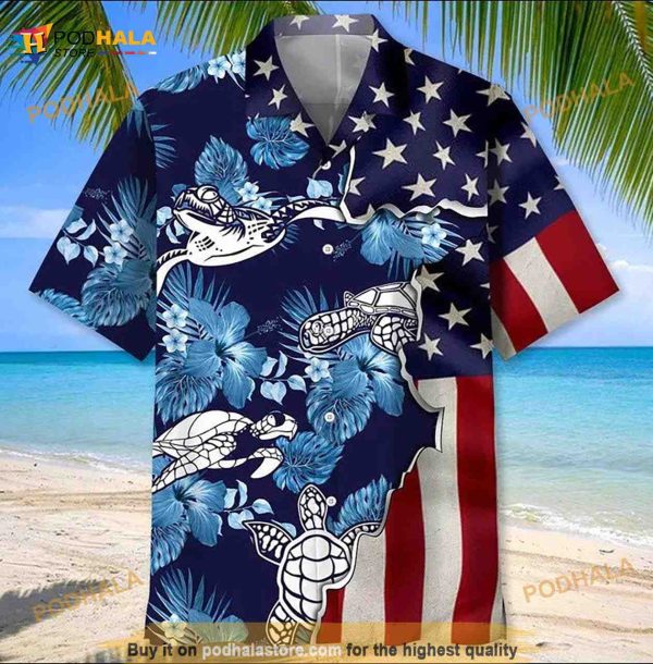 Turtle Tropical Us Flag Hawaiian Shirt