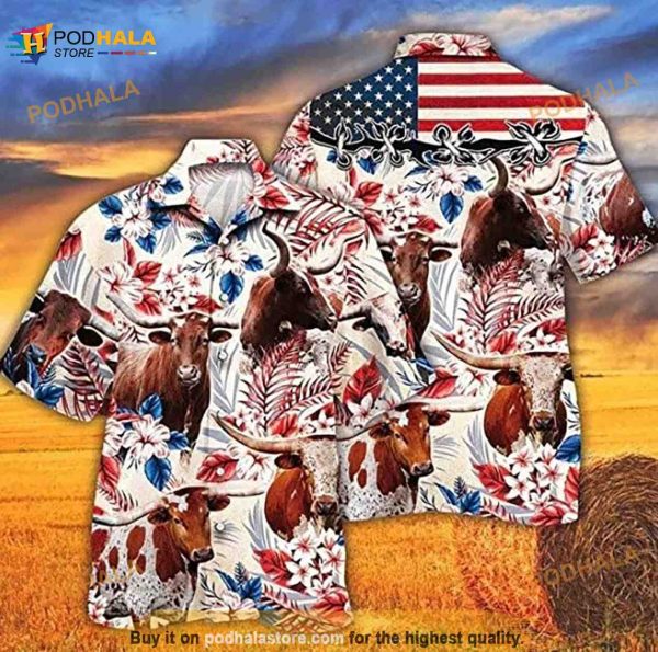 Tx Longhorn Cow Independence Day Hawaiian Shirt