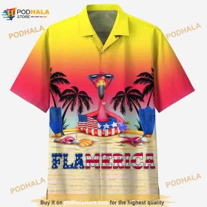 USA Flamingo On Beach Palm Tree Hawaiian Shirt