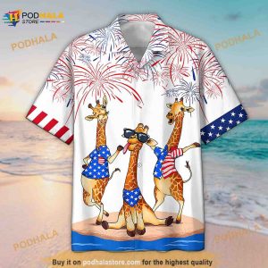 Unisex USA Flag Shirt Giraffe Independence Day Funny Hawaiian Shirt