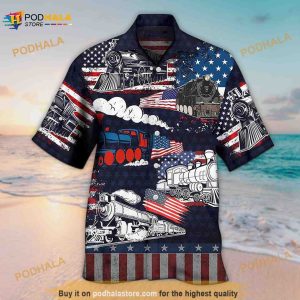 Unisex USA Flag Train Independence Day Funny Hawaiian Shirt