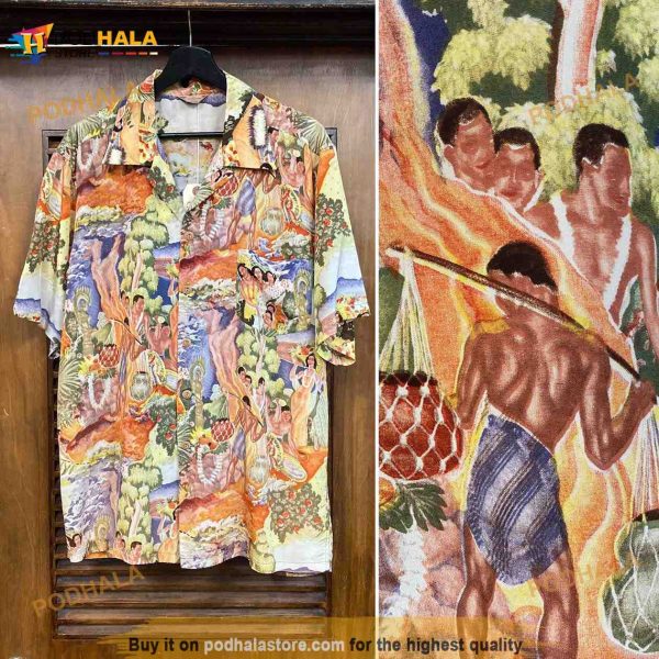 Vintage 1950s Kamehameha Nylon Eugene Savage Menu Print Hawaiian Shirt