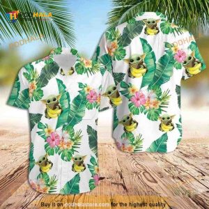 White Aloha Star Wars Baby Yoda Hugging Bananas Tropical Leaves Hawaiian Shirt